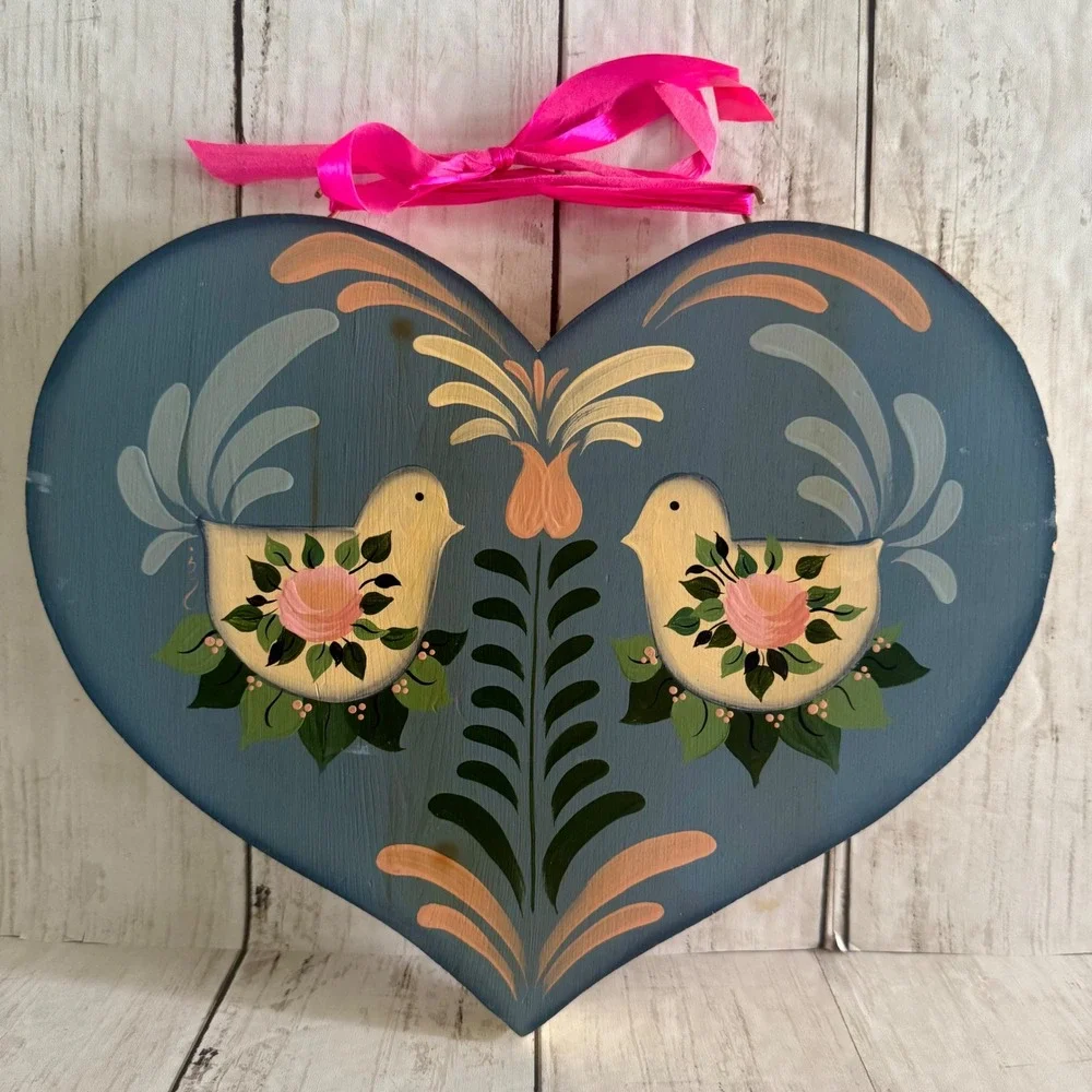 Vintage Hand Painted Wood Heart Wall Hanging Folk Art Birds Roses Reversible 11